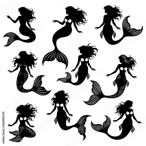 Silhouettes of Mermaids in Various Poses for Fantasy Ocean Themes in Stock Imagery