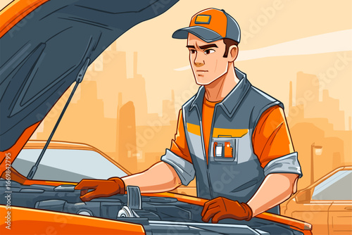 Vector Illustration of an Automotive Mechanic Working on a Car Engine in an Urban Setting