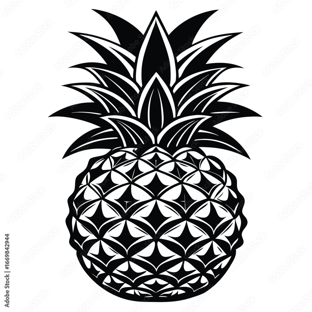 Obraz premium Stylized Pineapple Illustration with Intricate Leaf and Fruit Patterning for Graphic Design and Creative Projects in Black and White