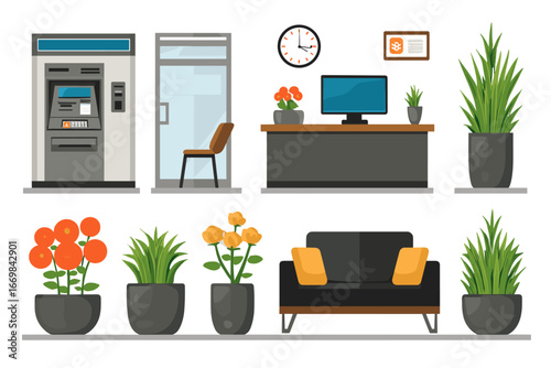 Modern Bank Interior with ATM, Waiting Area, and Decorative Plants