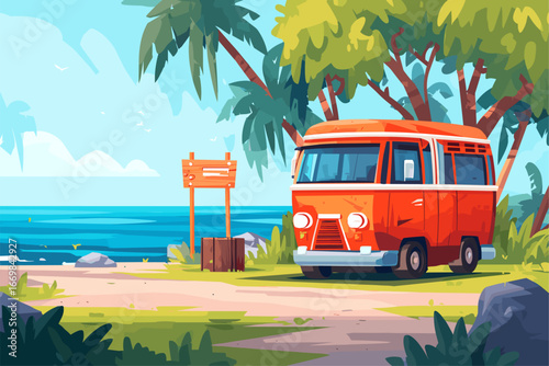 Colorful Retro Van Parked Near the Beach Surrounded by Lush Tropical Foliage