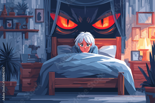 A Frightening Bedroom Scene with a Fearful Character and Ominous Eyes