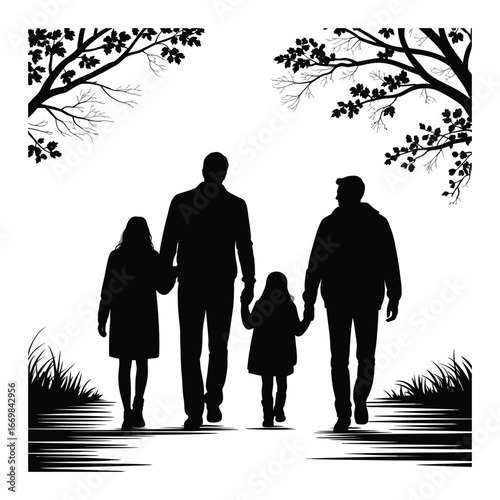 Family Outing Silhouette Illustration Parents and Children Walking Together in Nature
