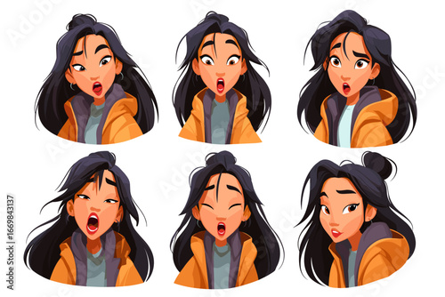 Expressive Cartoon Girl Faces in Different Emotions - Vector Illustration