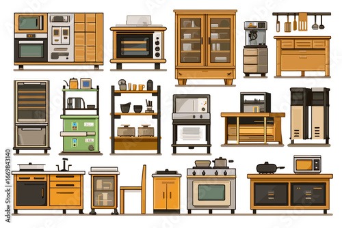 Stylish Kitchen Elements Vector Collection Featuring Appliances and Furniture