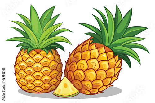 Two Fresh and Juicy Pineapples with a Slice on a White Background Creating a Tropical and Refreshing Vibe