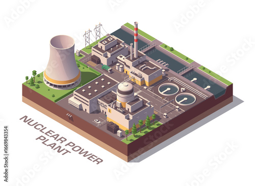 Isometric Nuclear Power Plant. Vector Illustration