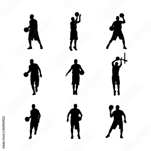People playing basketball in different poses. Large set of black silhouettes of women and men playing with a ball