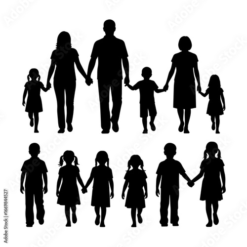 Isolated minimal black family silhouettes. Collection of family silhouettes on isolated background. Vector