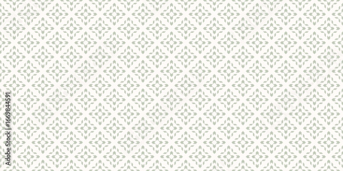 Subtle vector seamless pattern with ethnic motif. Modern geometric floral folk ornament. Simple abstract green and white background texture with grid, flower silhouettes. Repeated vintage geo design