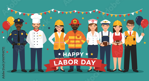 Happy Labor Day Illustration – Diverse Professionals in Uniforms with Festive Decorations and Red Ribbon Banner