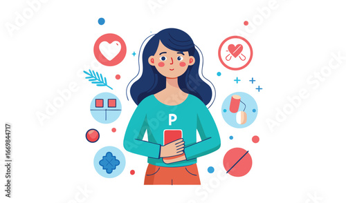 Young woman with blue hair holding a smartphone surrounded by icons representing personal interests and well being