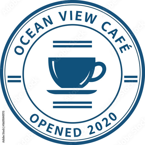 Ocean view cafe opened 2020 coffee cup emblem coastal restaurant branding vector