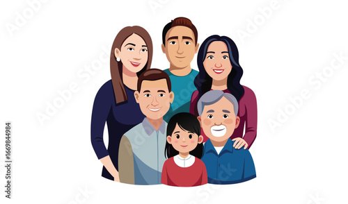 Stylized illustration of a diverse multi generational family posing together