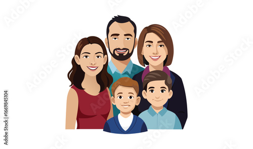 Happy cartoon family of five smiling together in a group portrait