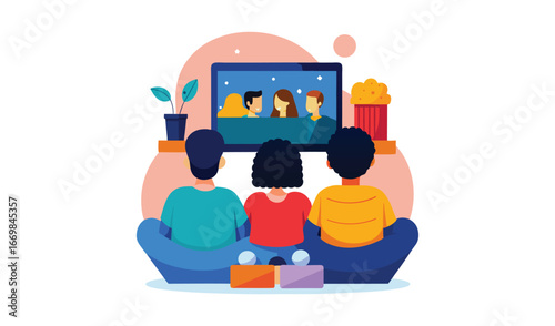 Family enjoying movie night watching television together on the couch