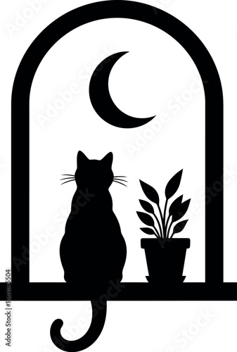 Silhouette cat moon window plant nighttime view peaceful ambiance vector