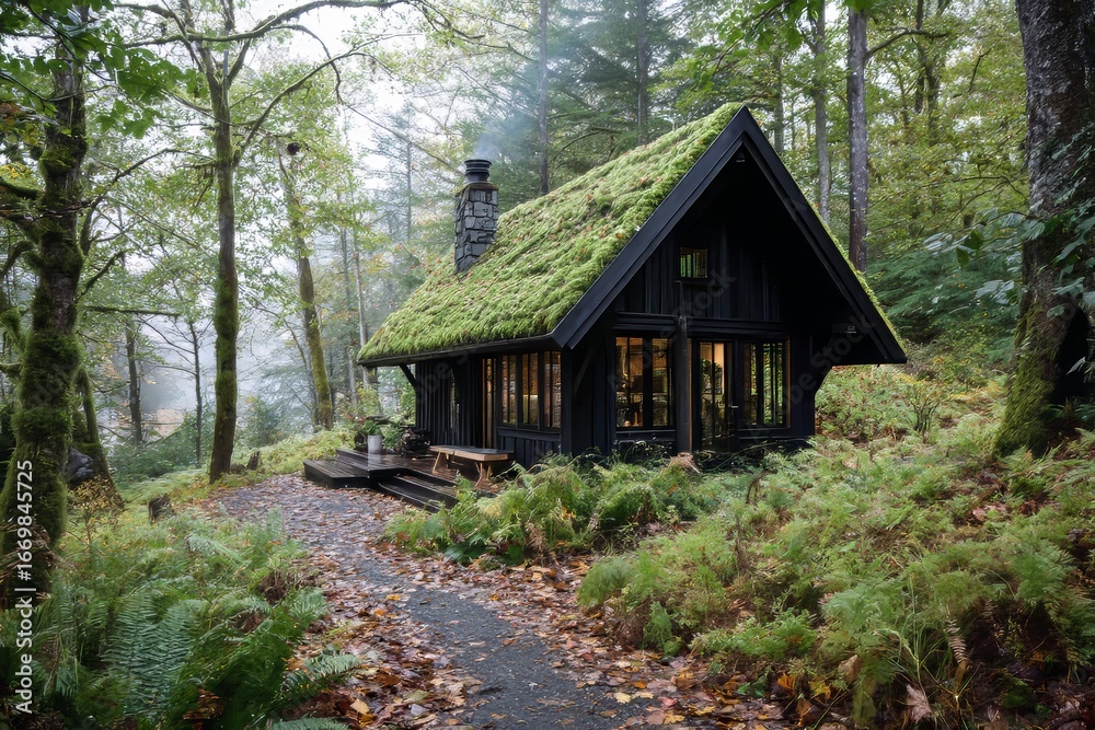 Cozy woodland cabin with a moss-covered roof and forest surroundings. Cozy woodland cabin with a moss-covered roof and forest surroundings.
