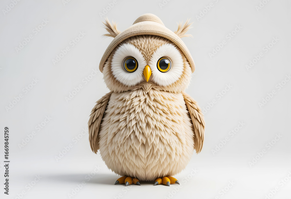Obraz premium Whimsical 3D cartoon owl, sitting happily in its hat and radiating cuteness.