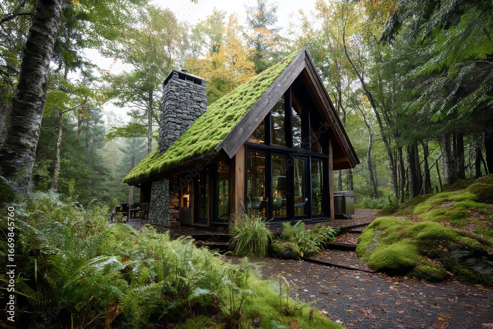 Cozy woodland cabin with a moss-covered roof and forest surroundings. Cozy woodland cabin with a moss-covered roof and forest surroundings.