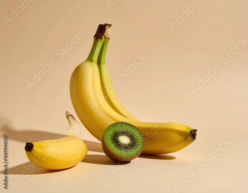Banana and kiwi creative still life composition on pastel color background 