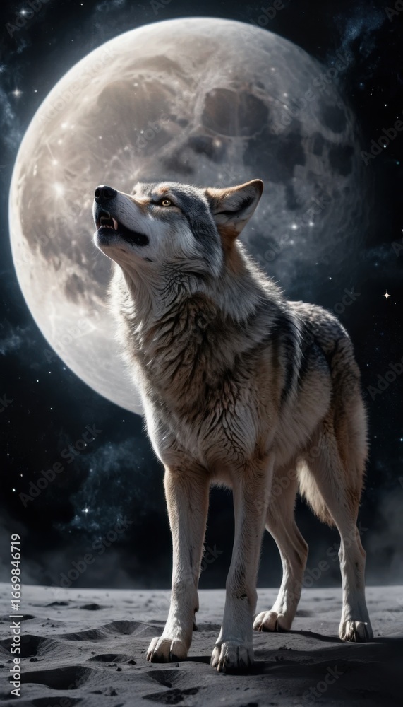 Fototapeta premium A wolf with a body transparent composed of glittering stars, its fur a swirling vortex of celestial light, runs freely on the lunar surface amidst a starry expanse, its paws barely touching the dusty