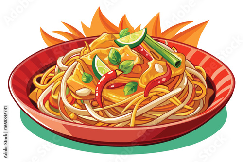 Delicious Pad Thai Noodles Served on a Green Plate Garnished with Lemon Slices and Green Vegetables in an Artistic Vector Illustration