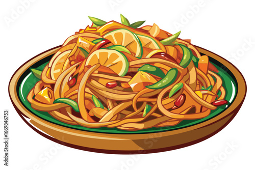 Delicious Pad Thai Noodles Served on a Green Plate Garnished with Lemon Slices and Green Vegetables in an Artistic Vector Illustration
