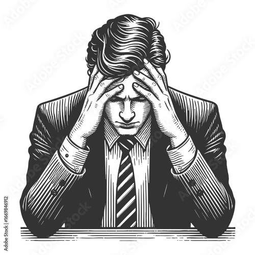 businessman in a suit holding his head in frustration, symbolizing stress and pressure sketch engraving generative ai fictional character vector illustration. Scratch board. Black and white image.