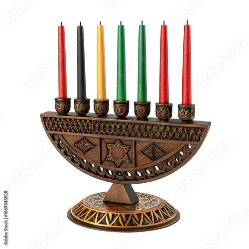 Intricately Carved Dark Brown Wooden Kwanzaa Kinara Candle Holder with Seven Colorful Candles Red Green Black Yellow Isolated on Black Background