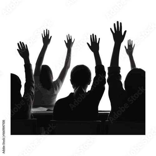 Classroom Learning Silhouette Illustration of Students Raising Hands to Answer Question