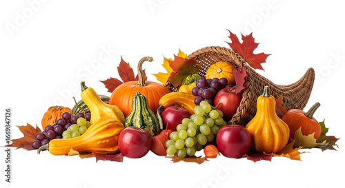 Abundant harvest cornucopia filled with autumn fruits and vegetables isolated on transparent background