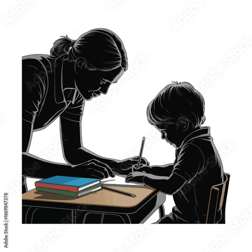 Teacher Assisting Student Silhouette Illustration with Books on Desk for Education