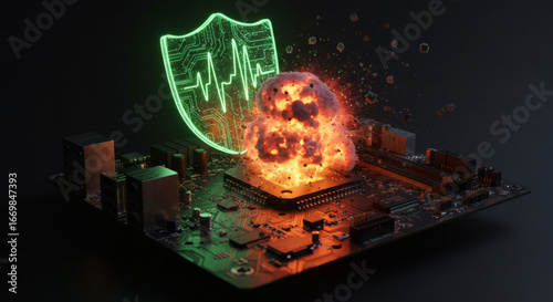 A conceptual 3D illustration showing a glowing green health shield protecting an exploding CPU on a motherboard, symbolizing cybersecurity and system failure prevention