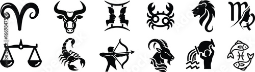 Set of Twelve Black Zodiac Sign Symbols, a Collection of Astrological Icons for Horoscopes.