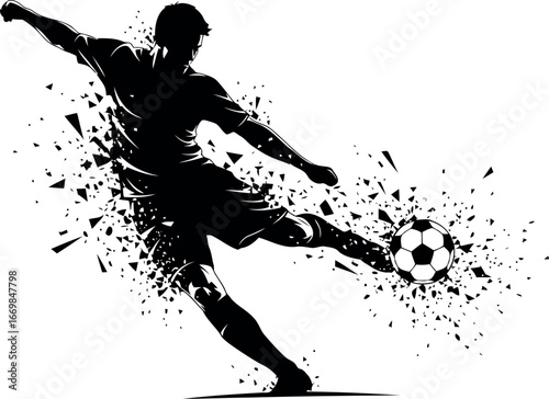 Dynamic silhouette soccer player kicking ball explosion art vector