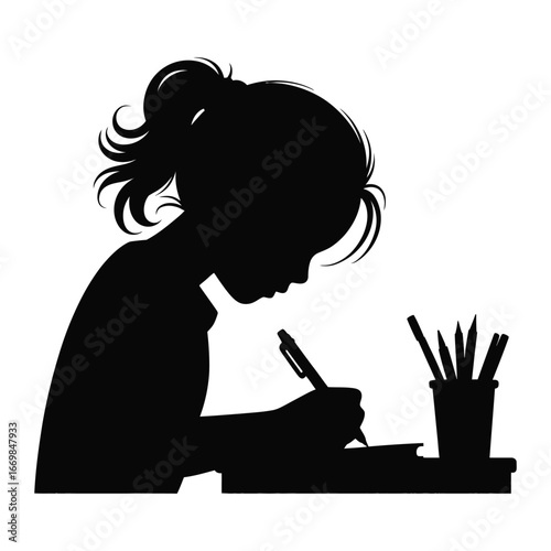 Silhouette Illustration of Young Girl Writing at Desk with Pencils for Schoolwork