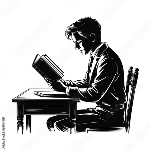 Silhouette Illustration of a Man Reading a Book at a Desk for Education and Knowledge
