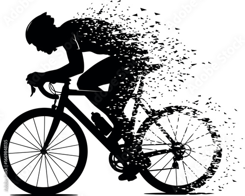 Dynamic cyclist silhouette exploding into particles motion speed sport vector