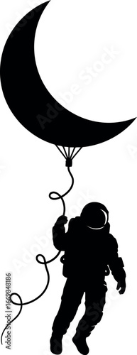 Astronaut ascends holding crescent moon balloon space travel fantasy vector