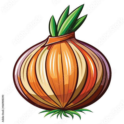 Illustration of a Ripe Onion with Green Shoots Artistic Rendering of a Culinary Staple for Recipes and Food Design
