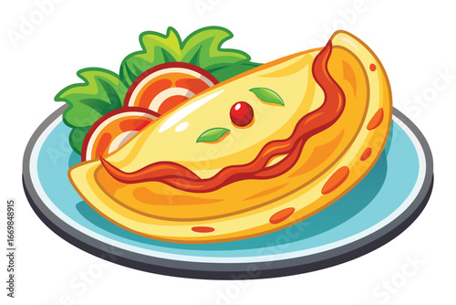 Delicious Omelette with Tomatoes and Greenery A Cartoon Culinary Delight Ready to Serve