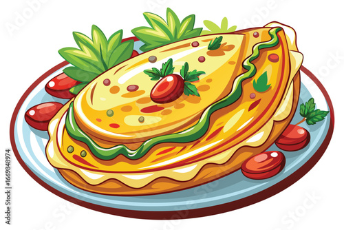 Delicious Omelette with Tomatoes and Greenery A Cartoon Culinary Delight Ready to Serve