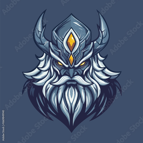  Grey Armored Horned Head Illustration | Menacing Fantasy Warrior Vector