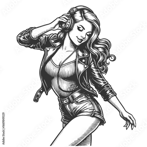 woman in a leather jacket and shorts wearing headphones and dancing with energy and confidence sketch engraving generative ai fictional character vector illustration. Scratch board. Black and white.
