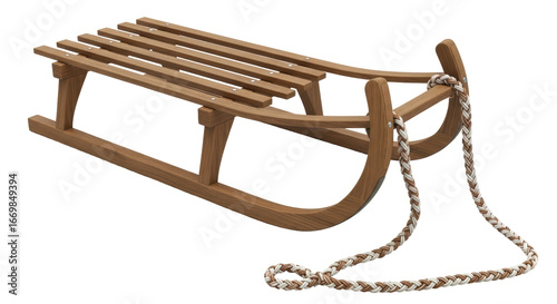 Isolated Wooden Sled with Rope