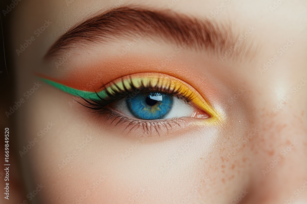 Obraz premium Colorful neon eyeshadow trends featuring vibrant orange and green eyeliner in makeup artistry