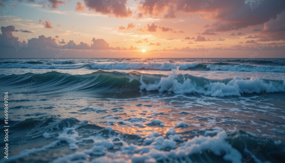 Obraz premium Ocean Waves at Sunset with Warm Light Reflections 