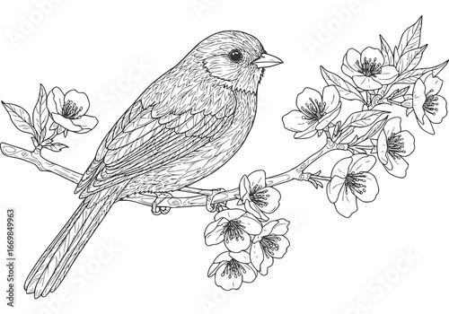 A cute small house sparrow with brown feathers and a tiny beak is sitting on a tree branch, a vector illustration of a wild finch