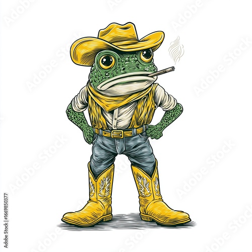 Cool Cowboy Frog Character with Hat and Cigarette in Colorful Illustration